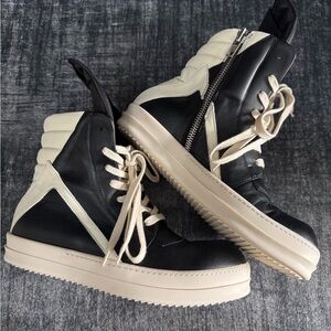 Rick Owens Black and Cream High-Top Sneakers